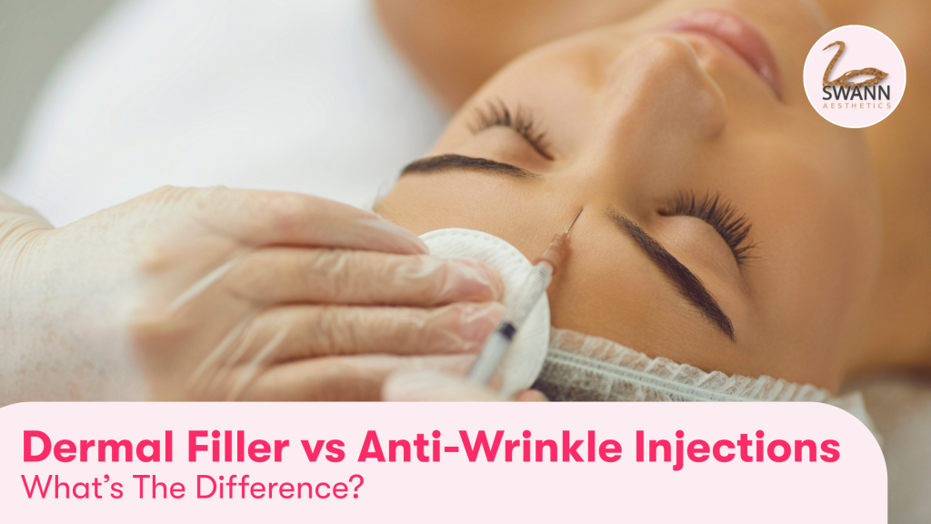 A blog banner showing a woman receiving anti-wrinkle injections by a trained aesthetician, with a text overlay reading ‘Dermal Filler vs Anti-Wrinkle Injections, What’s The Difference?’.